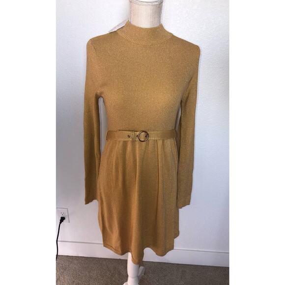 Free People French Girl Gold Metallic Mini Sweater Dress - L - Picture 2 of 7